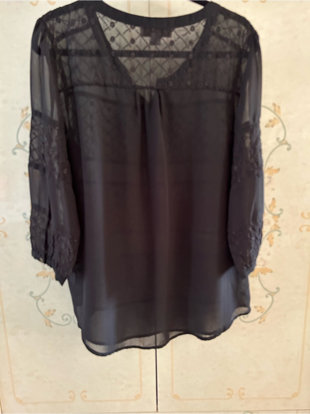 Nine West Black Lace Yoke Sheer Blouse